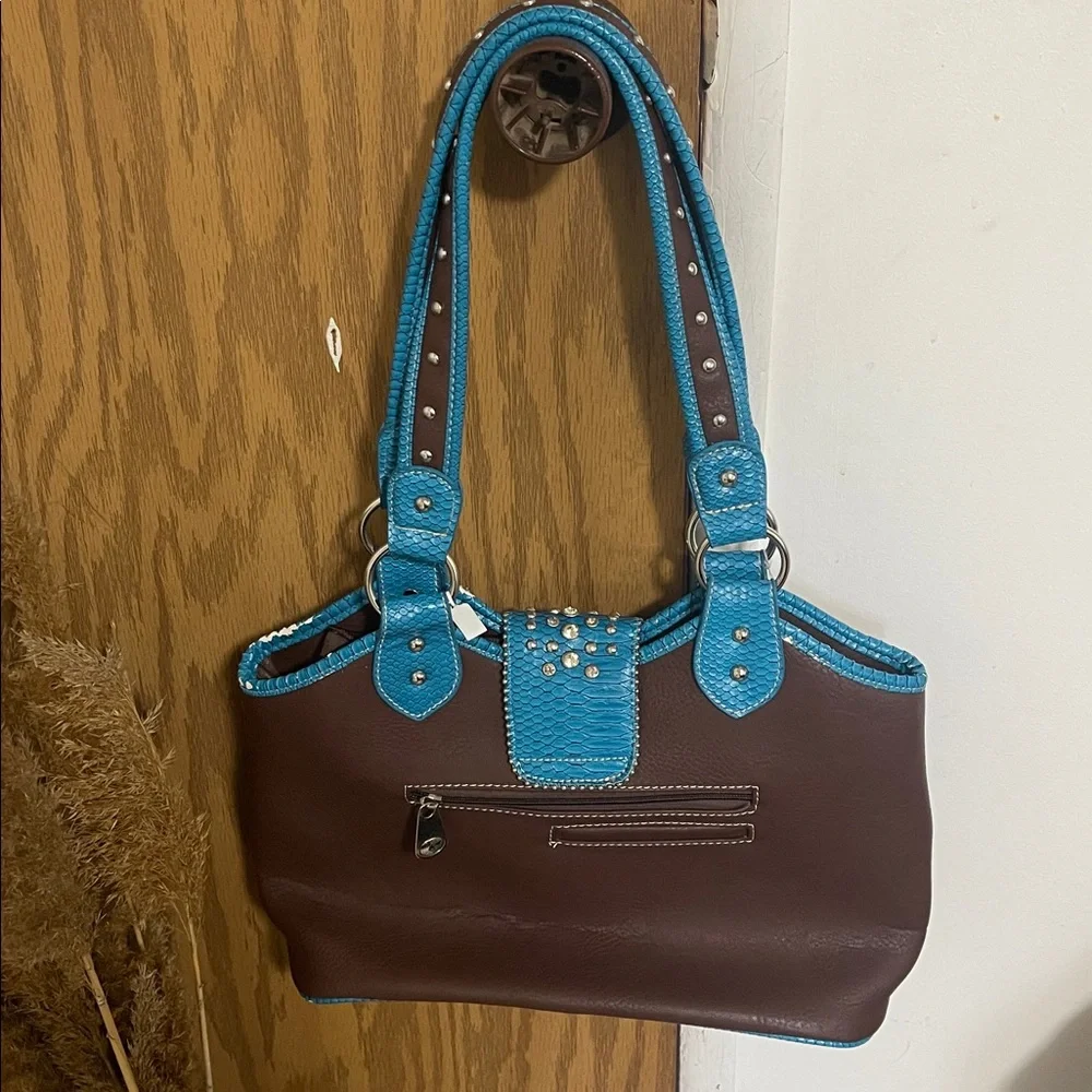 Brown and Blue Studded Women's Handbag - Picture 5 of 12